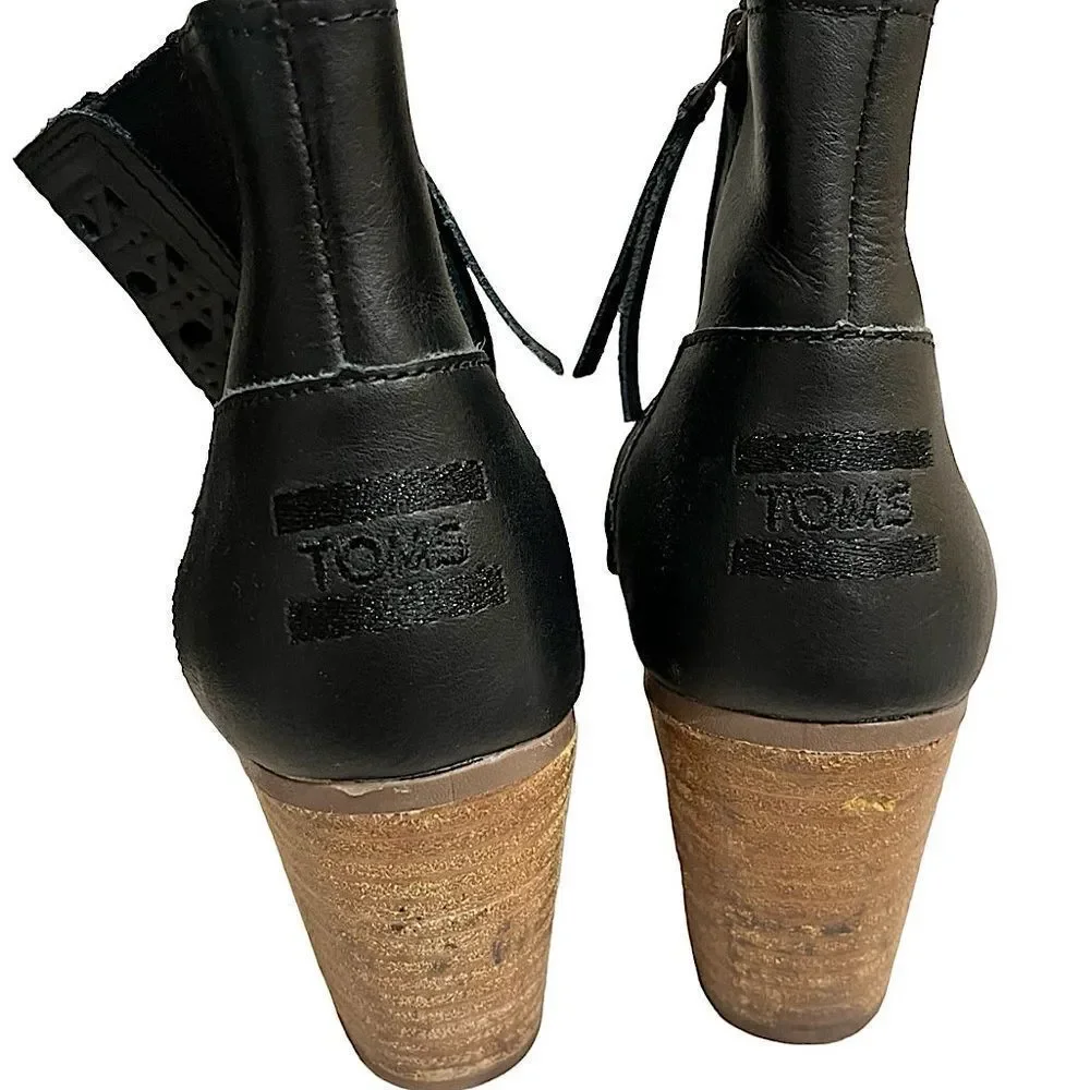 TOMS Majorca Peep Toe Bootie Basketweave Leather Women's 6.5 Black